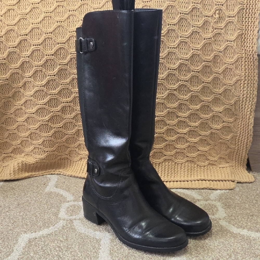 Anne Klein Black Leather Riding Boots w/ Silver Buckle Details - Size 8